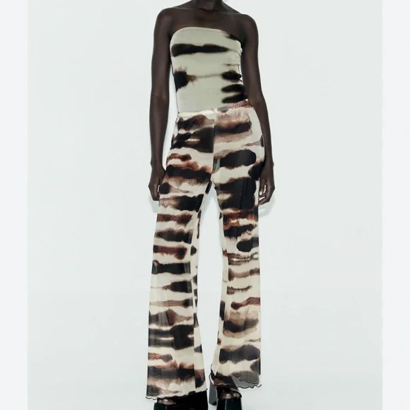 Zara High Waisted Tie Dye Tulle Print Mesh Straight Leg Pants Sz L - Picture 2 of 10